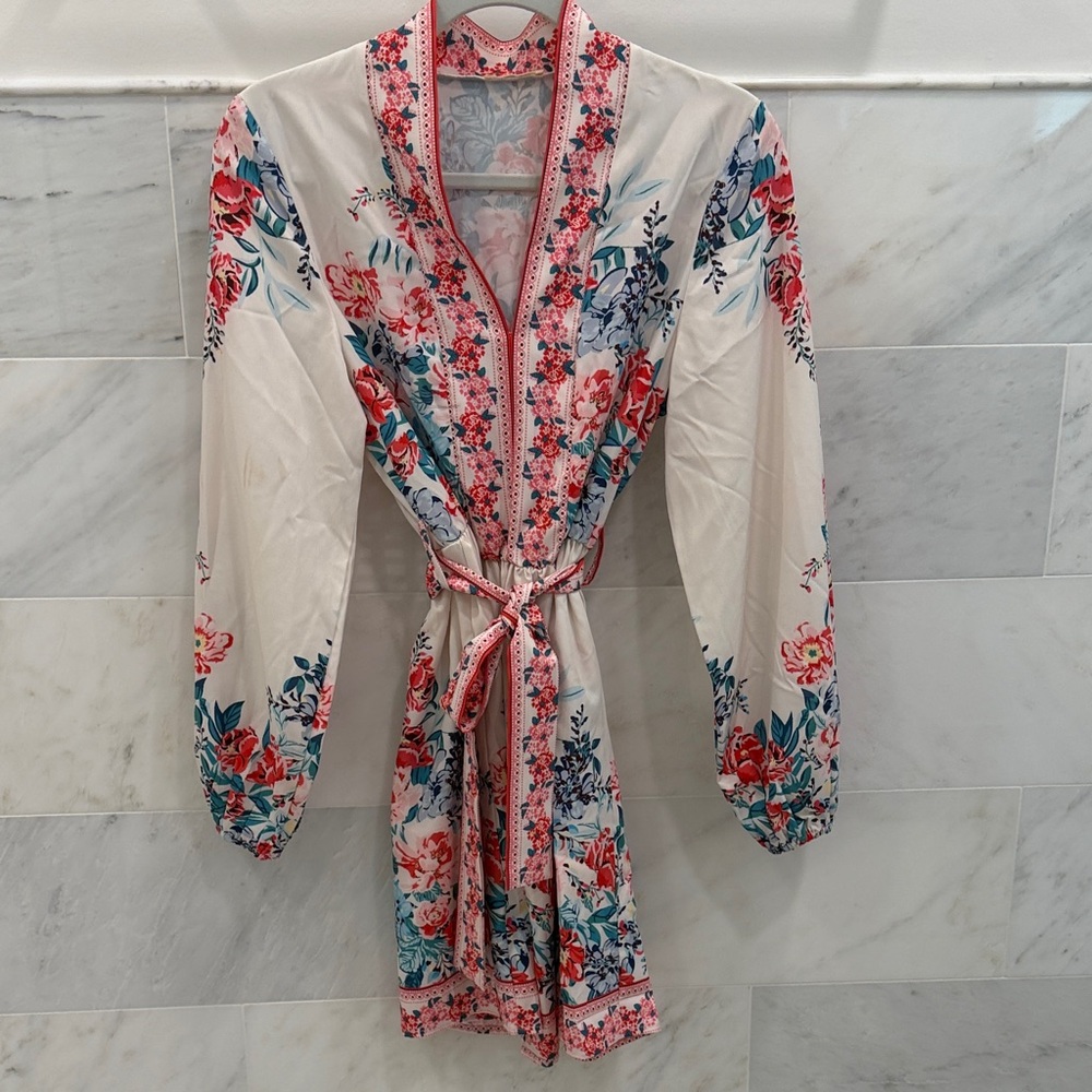 Floral Tie-Waist Midi Dress in Cream with Pink & Teal Print